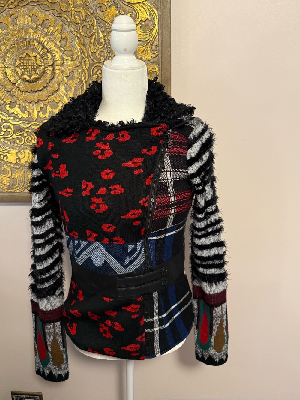 Desigual ICON Patchwork Faux Shearling Sweater Jacket | Small | Rare